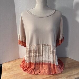 Cotton Bleu Ribbed Taupe Tiered Blouse XL New Boho Patchwork Ruffle Sleeve Top
